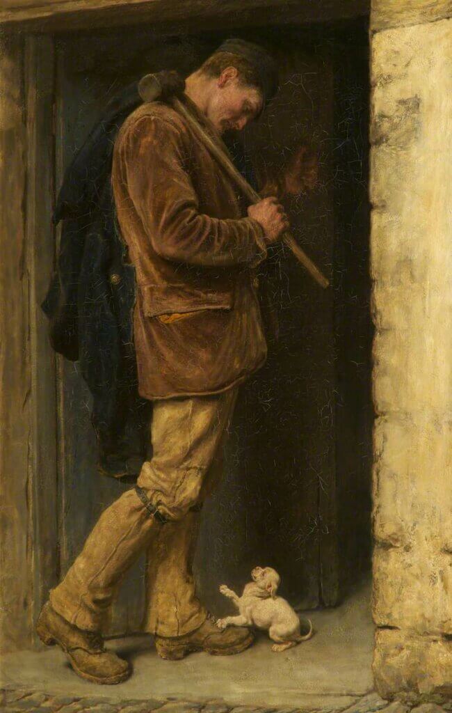 A painting of a man holding a hammer coming home from work. He is looking down at a small white dog greeting him in the doorway.