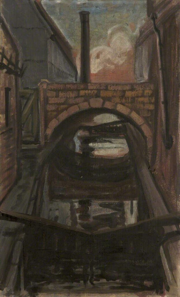 A stylised painting of a canal with a brick bridge going over it.