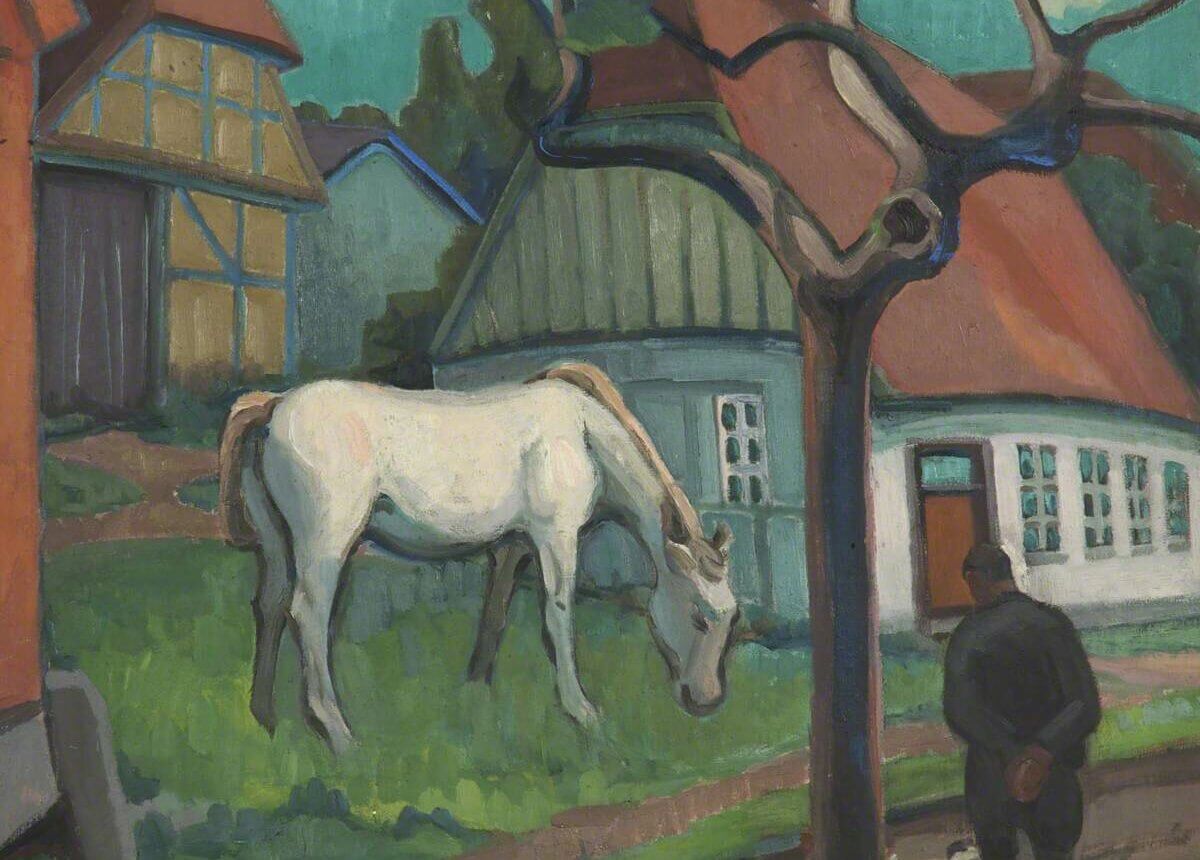 A painting of a man and a dog encountering a white horse. There is a house and a barn in the background.