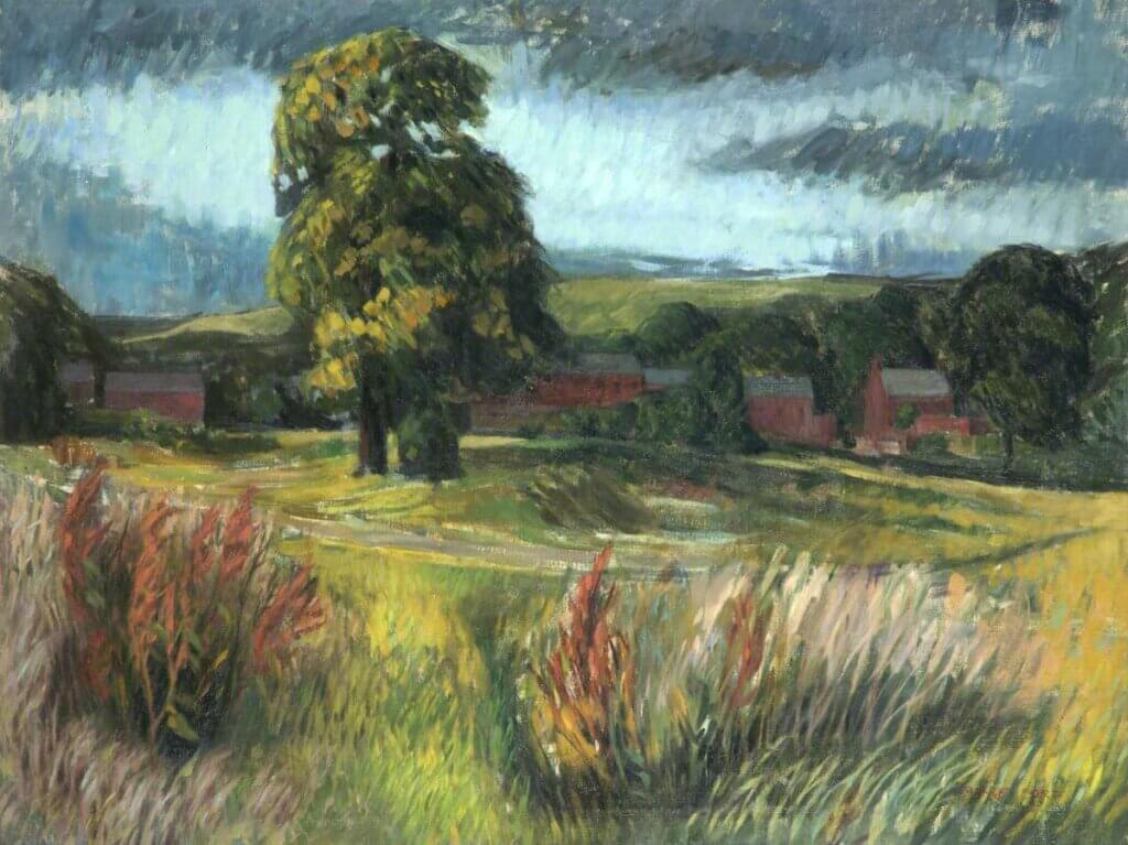 A stylised painting of a field with long grass and a tree in it. In the distance you can see red houses.