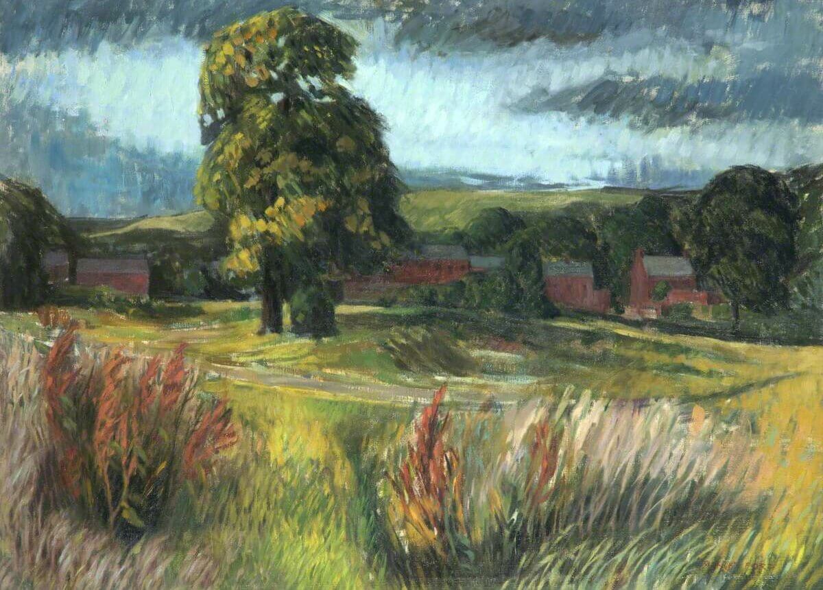 A stylised painting of a field with long grass and a tree in it. In the distance you can see red houses.