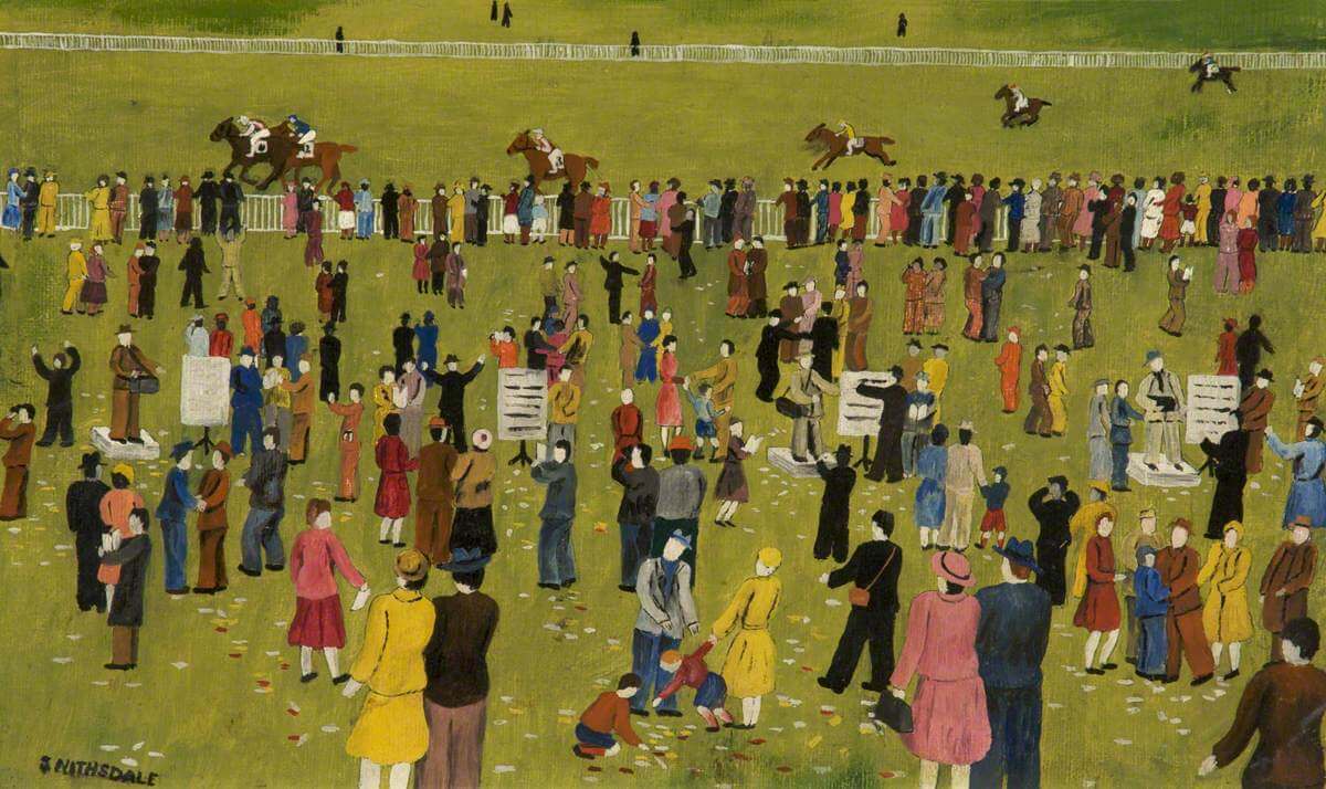 A stylised painting of a crowd of colourfully dressed people watching horses racing in a field.