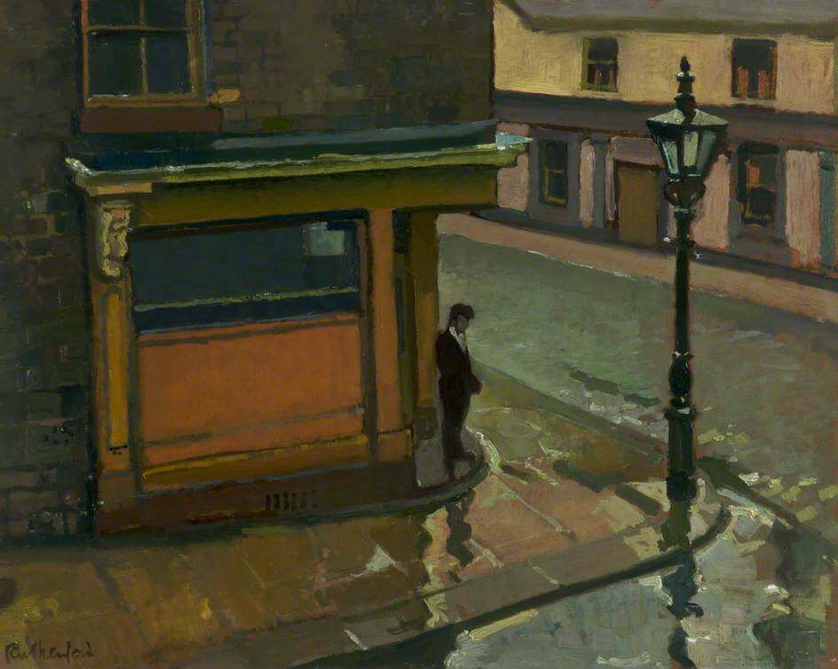 An oil painting of a man taking shelter under the roof of a corner shop on a rainy day.