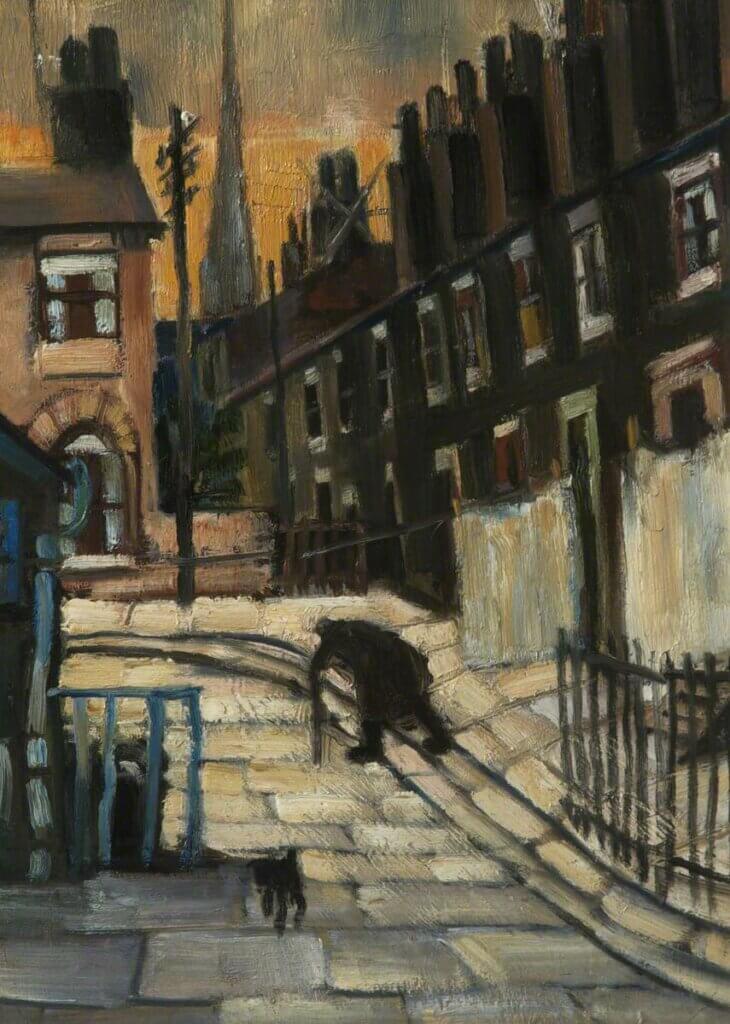 A stylized oil painting of a cobbled street lined with terraced houses. The shadowy silhouettes of an old man with a walking stick and a small dog cross the street.