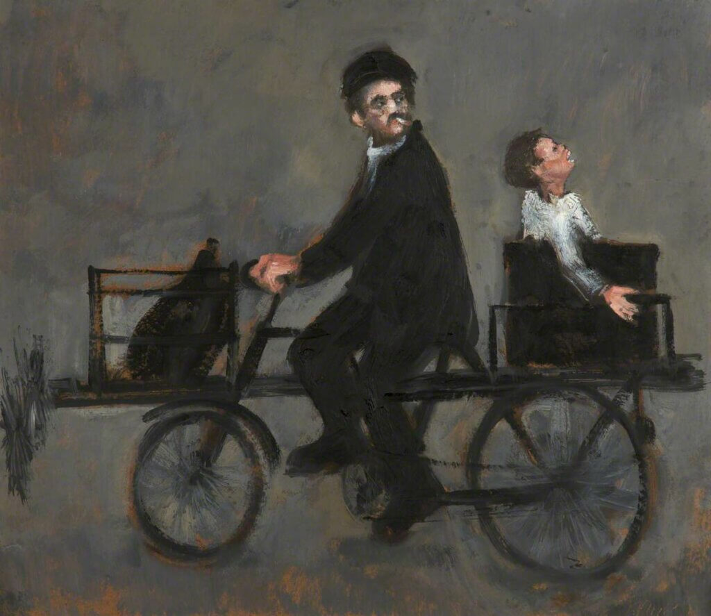 An oil painting of a man on a bicycle with a child sitting in a box on the back of it.