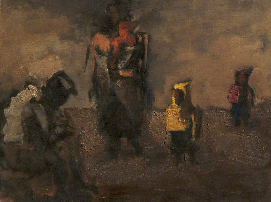 A painting of four figures in a field, one of them is carrying a baby. You can't see any of their faces.