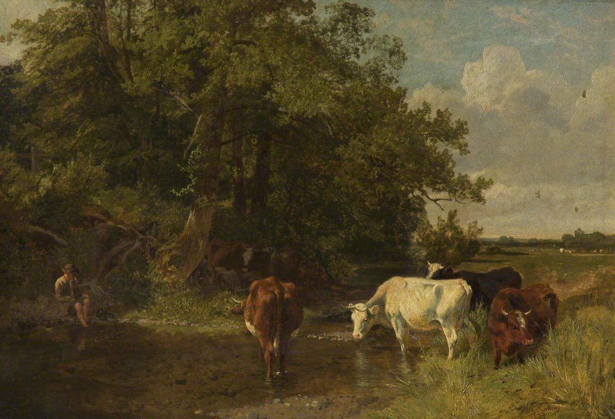 An oil painting of four cows of different colours drinking from a river. A man sits by the side of the river with his trousers rolled up, dipping his feet in the water.