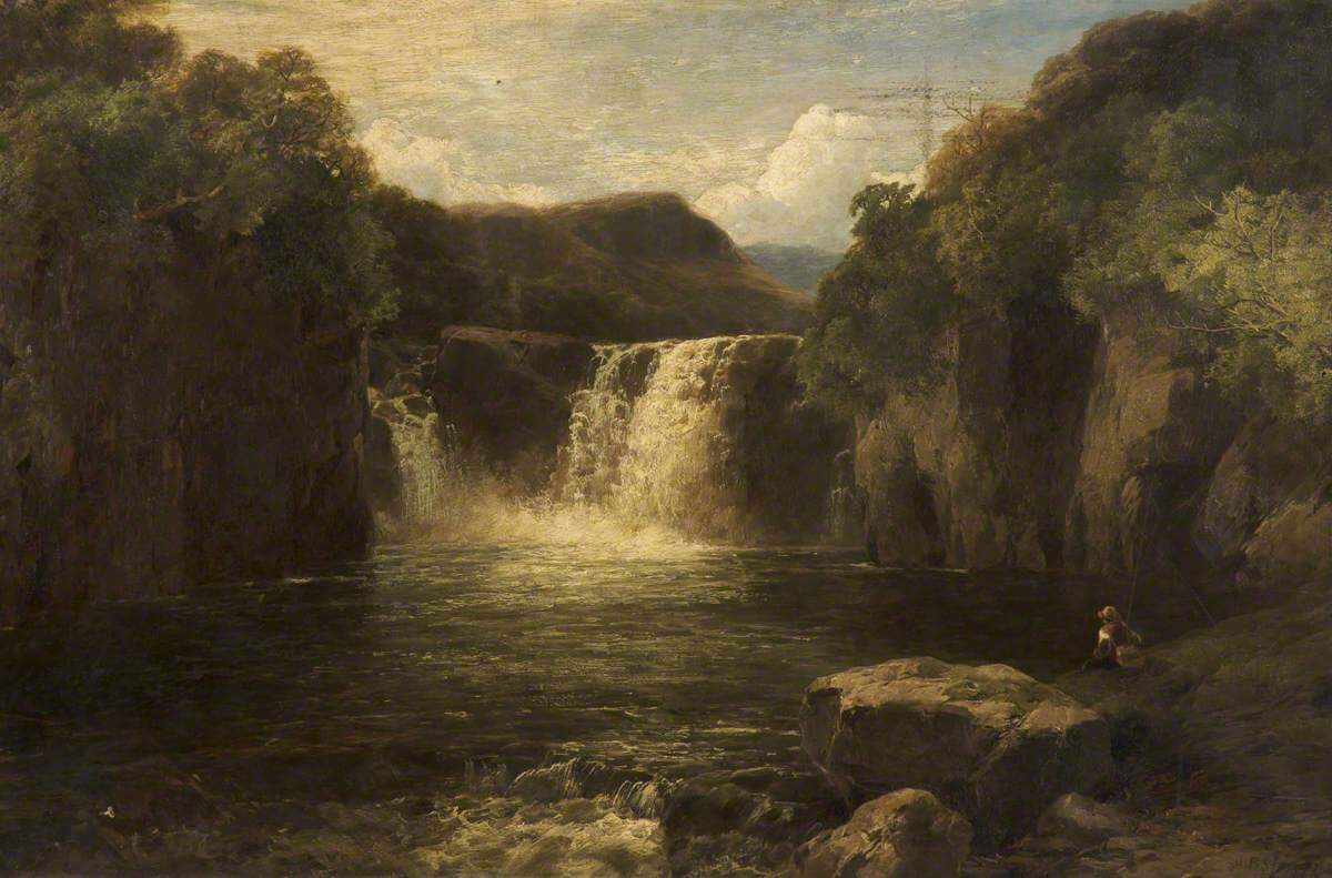 A painting of a waterfall flowing down into a calm body of water surrounded by cliffs. A person wearing a sunhat sits on a rock watching it.