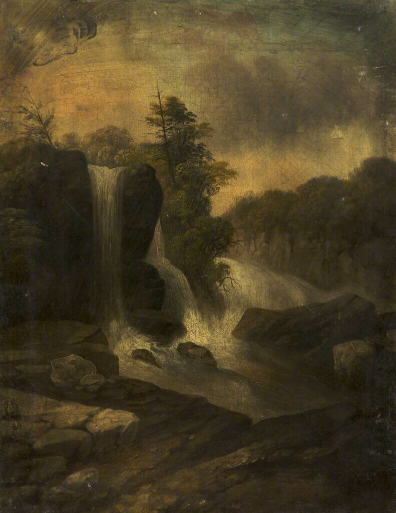 An oil painting of a waterfall flowing over a pile of rocks.