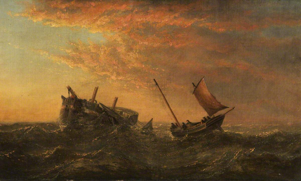A painting of a shipwreck on now peaceful waters. The sky is orange and the clouds are gentle.