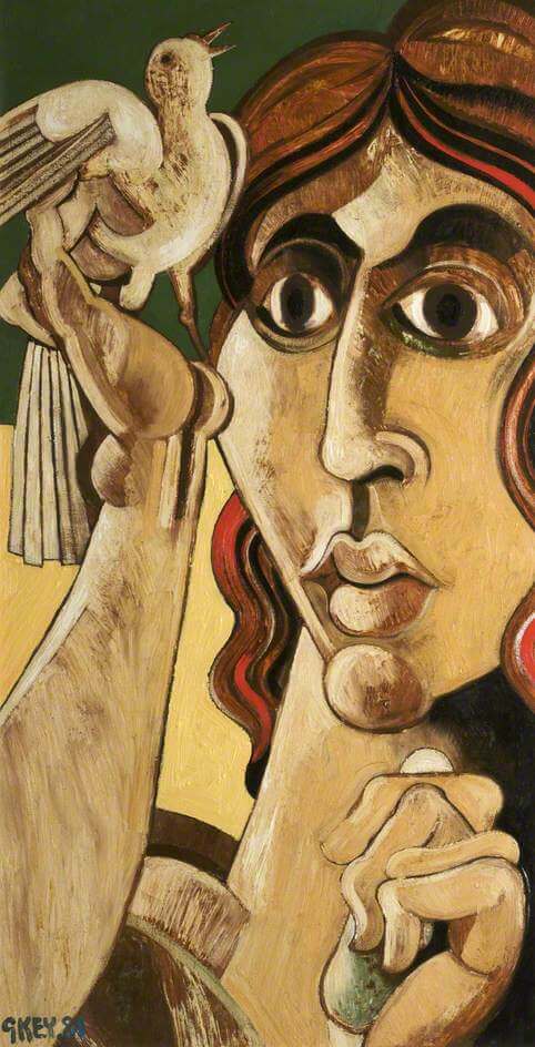 A stylised oil painting of a woman with wavy brown hair holding a 'blackbird' up to eye-level. The bird is white and has long tail feathers.