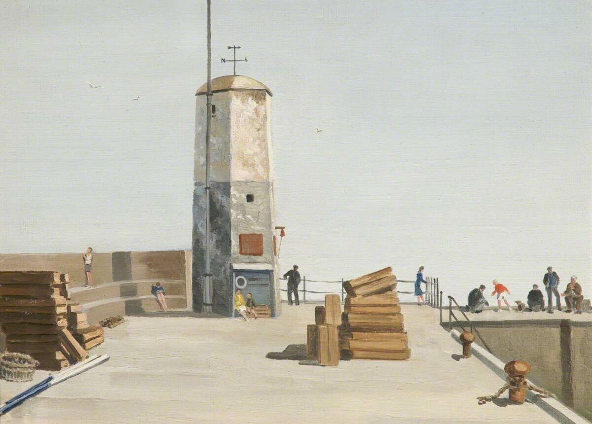 A painting of a pier with boxes piled up and people walking around, looking out to sea. There is a small tower with a weather vale on top.