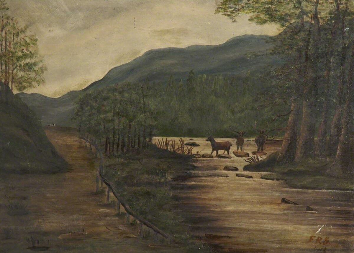 An oil painting of deer crossing a river by the side of the wood. The deer walk towards a windy road at the bottom of a mountain.