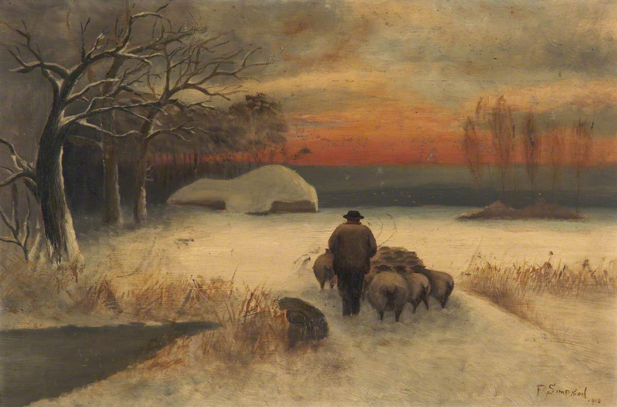 A painting of a man herding a flock of sheep at sunset in a snowy field. There are trees with bare branches covered in snow.