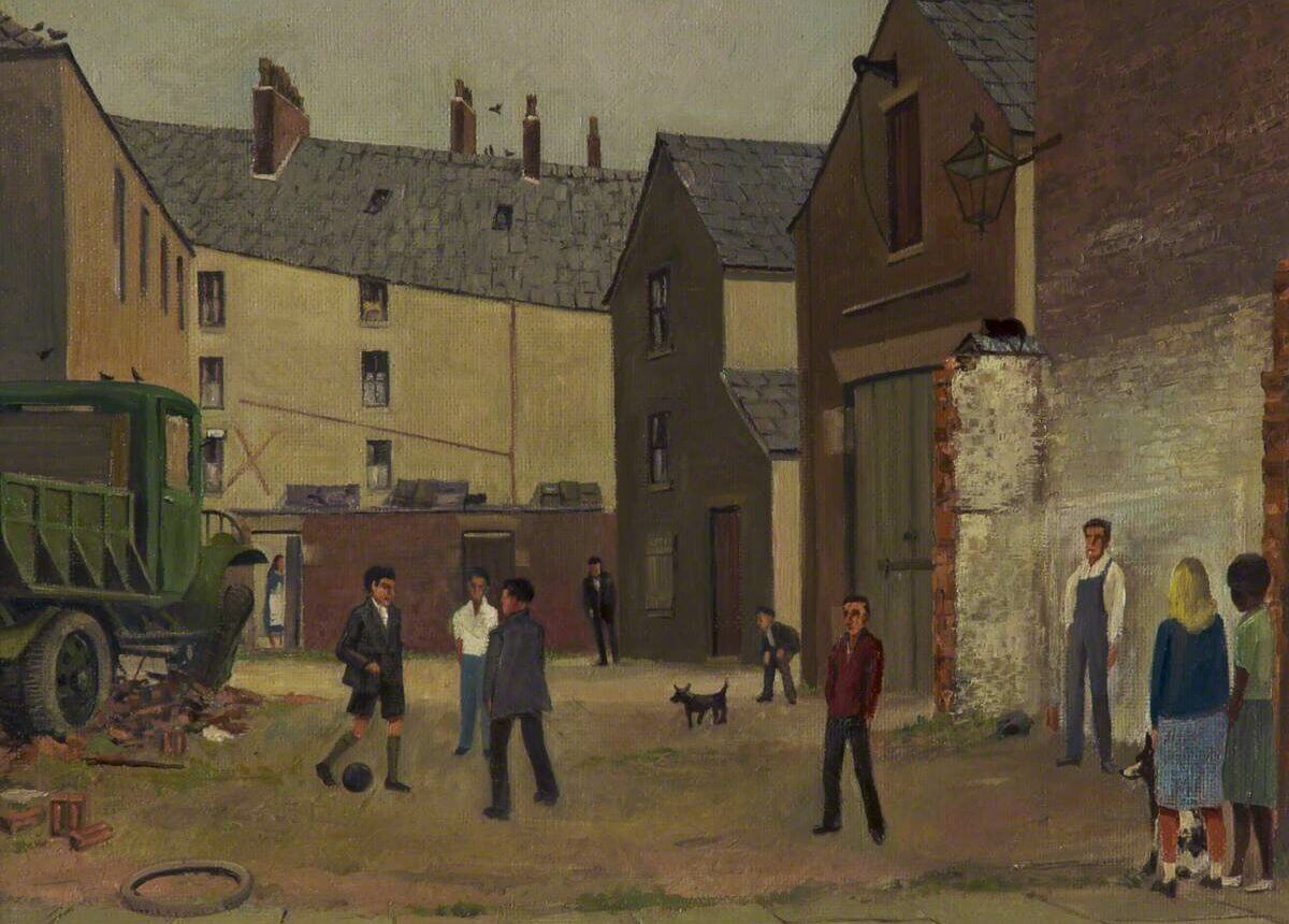 An oil painting of an informal football match in a residential area. A small, black dog is playing with the people.