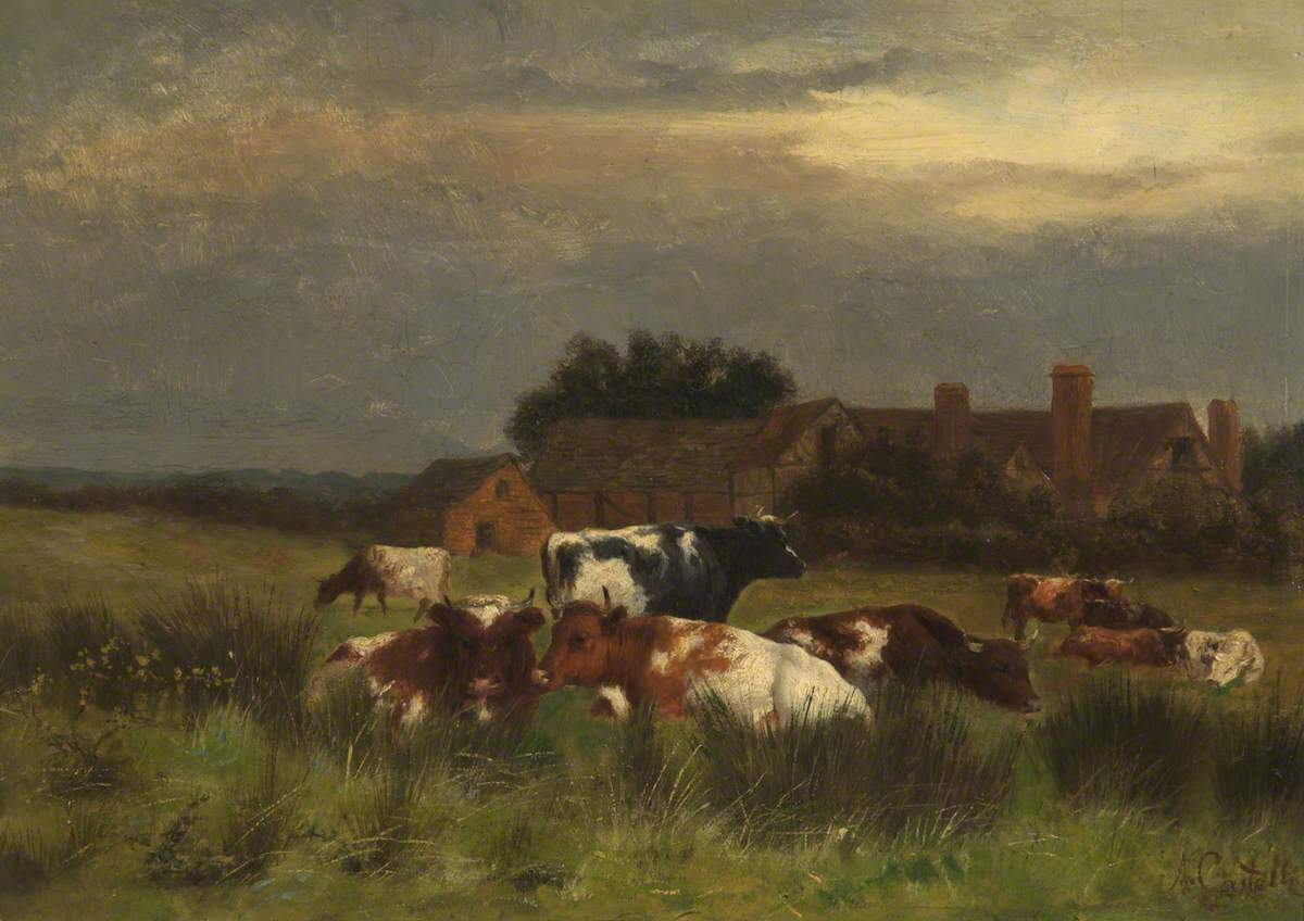 An oil painting of a heard of cows in a field with long grass. There is a farm house behind them.