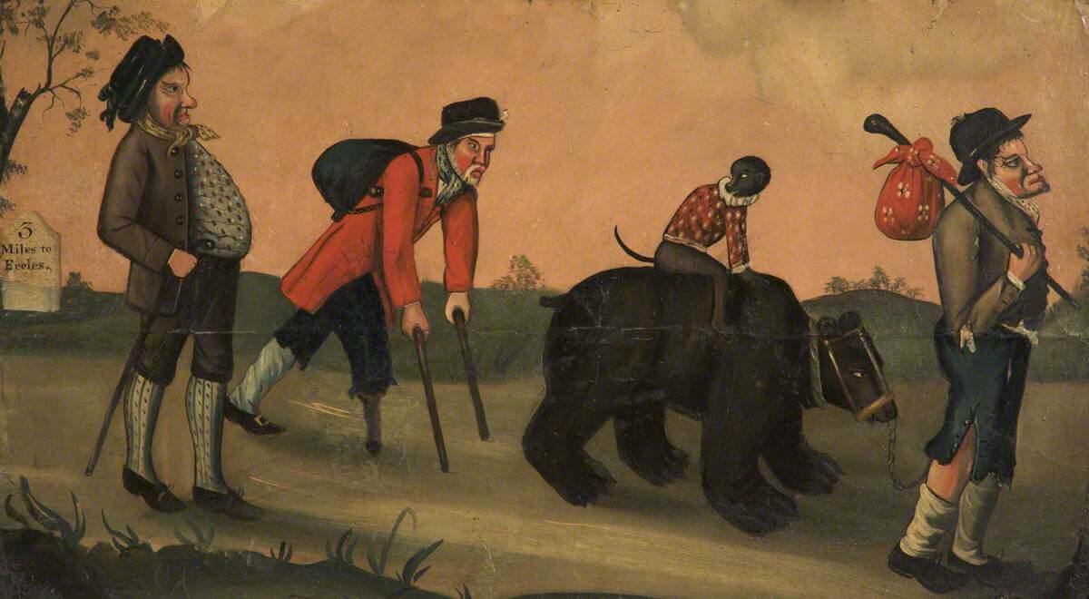 A painting of three men carrying bindles (bags on sticks). Beside them walks a muzzled bear with a small bear in a circus outfit sitting on its back.