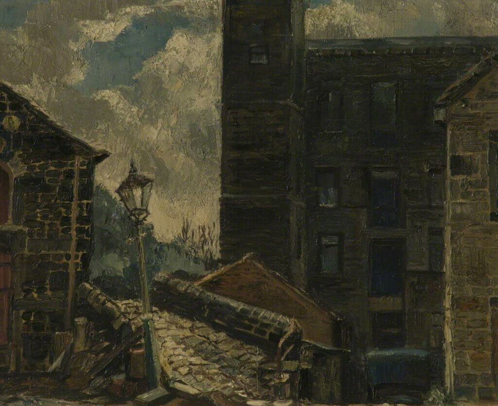 An oil painting of a cobbled bridge and an old-fashioned lamppost.