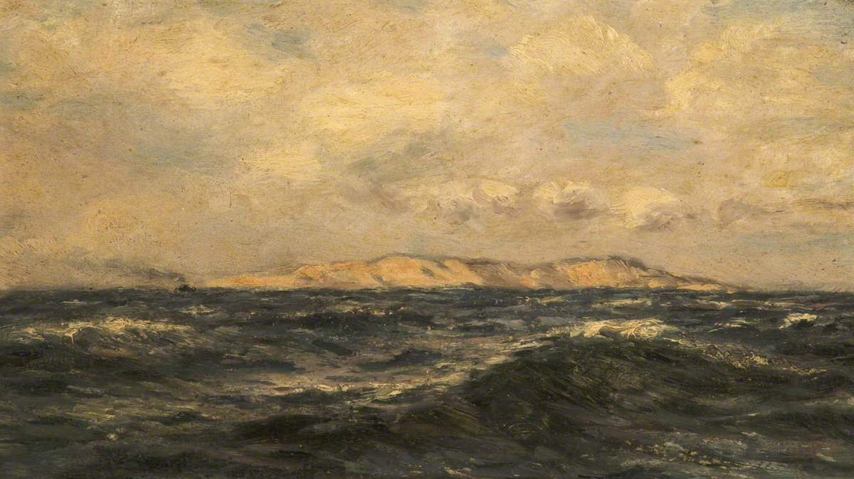 A painting of the ocean. The top of an island is visible in the distance above the waves.