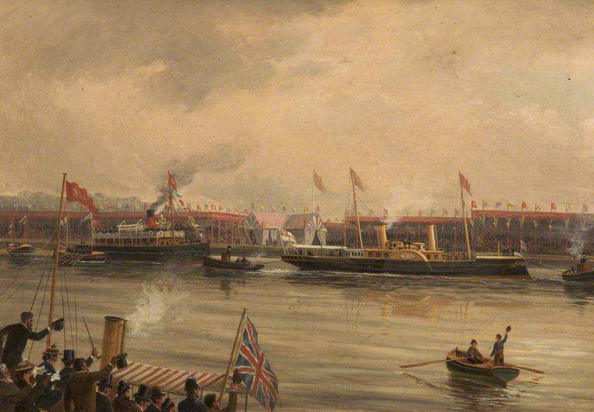 A painting of a canal with a few large, ornate boats floating along it. Along the sides of the canal, there are stands with crowds of people. Men stand and wave their top hats at the ships as they go by.
