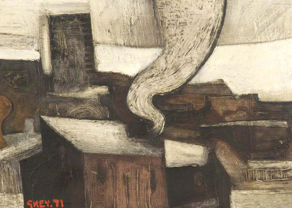 A textured oil painting of a cityscape. In the foreground, there is a small house with smoke billowing out of its chimney adding to the cloud of smog in the sky.