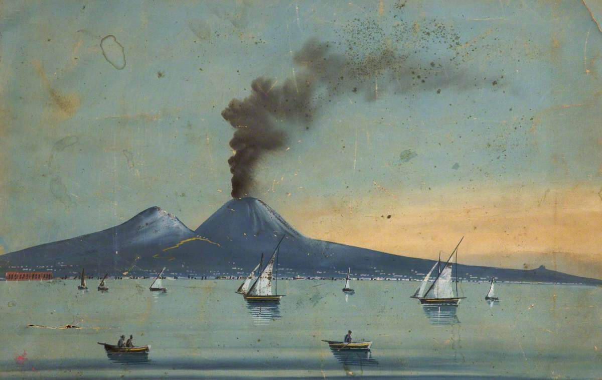 A painting of a volcano smoking in the background. Ships float peacefully on the sea in front of it.