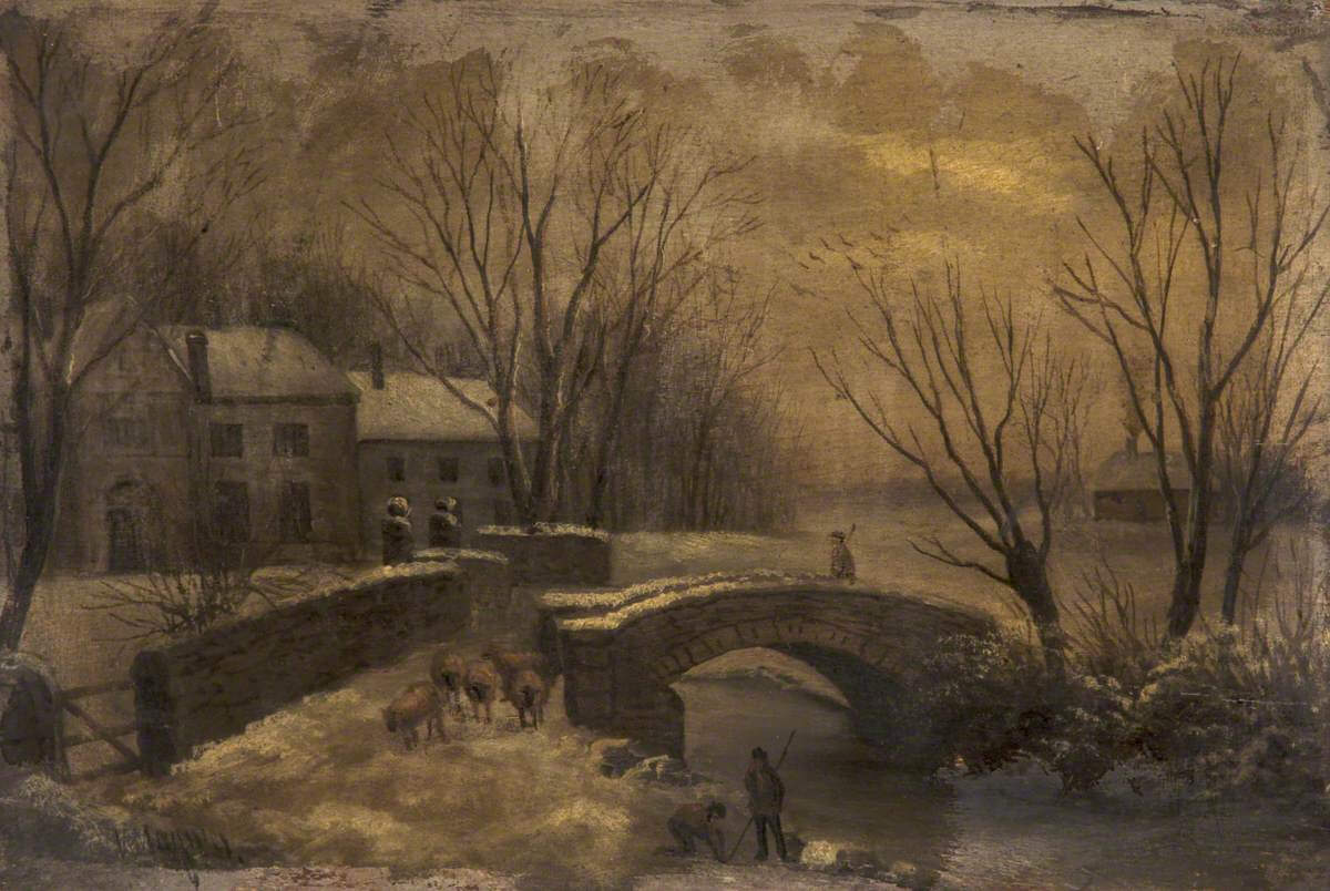 A painting of a farmer and his sheep crossing a snowy bridge. There are houses and leafless trees in the background. Under the bridge two children play on the riverbank.