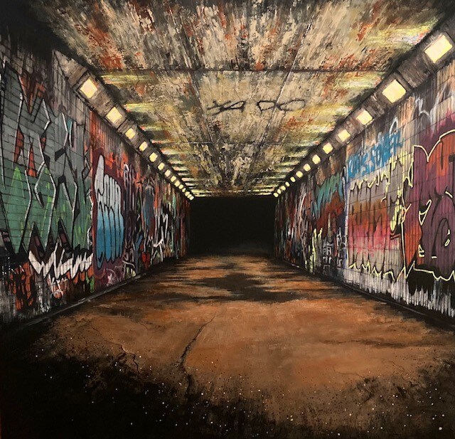 A painting of an underpass with colourful graffiti on the walls and ceiling.