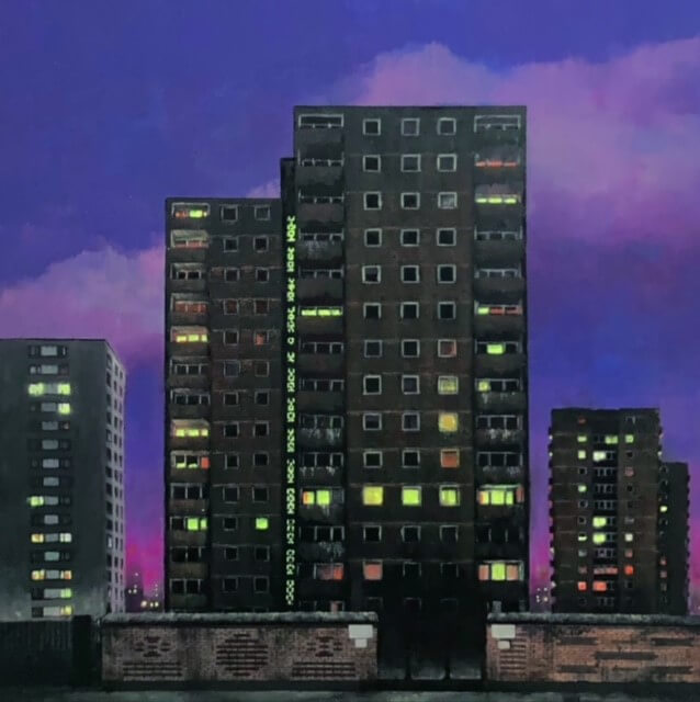 A painting of skyscrapers against a purple sky. There are brick walls in front of them. Yellow lights can be seen at some of the windows.