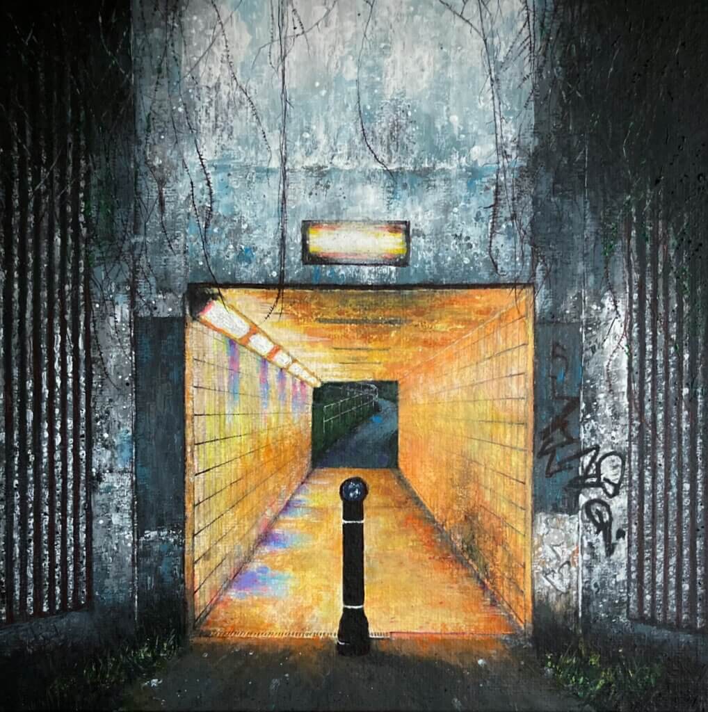 A painting of a grey wall with a warmly lit, yellow underpass. There is a black bollard standing in the centre of the square underpass.