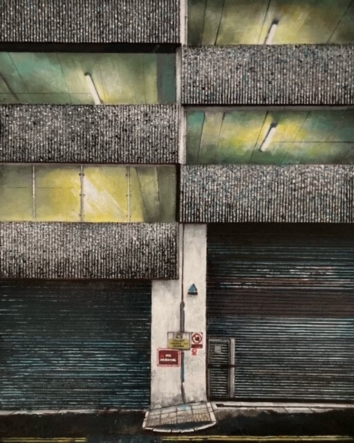 A painting of a multistory carpark. The metal garage doors are closed.