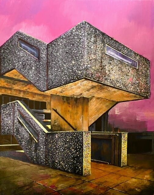 A painting of a speckled concrete stairwell. There is a pink, cloudy sky in the background.