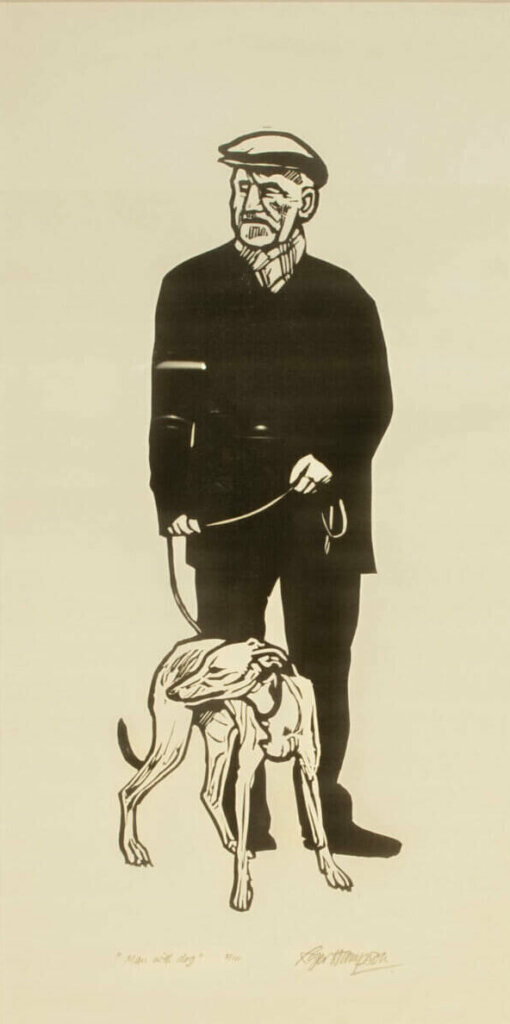 A print of a man in a hat walking a white dog on a lead.