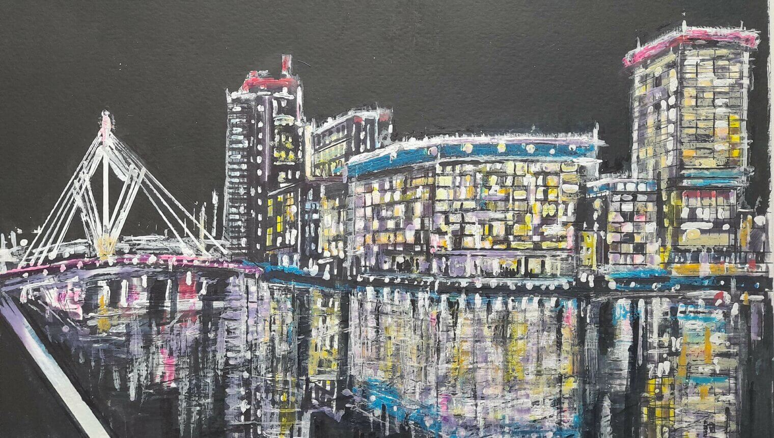 A drawing of a cityscape lit up at night. The lights reflect on a river. There is a large bridge going across the river.