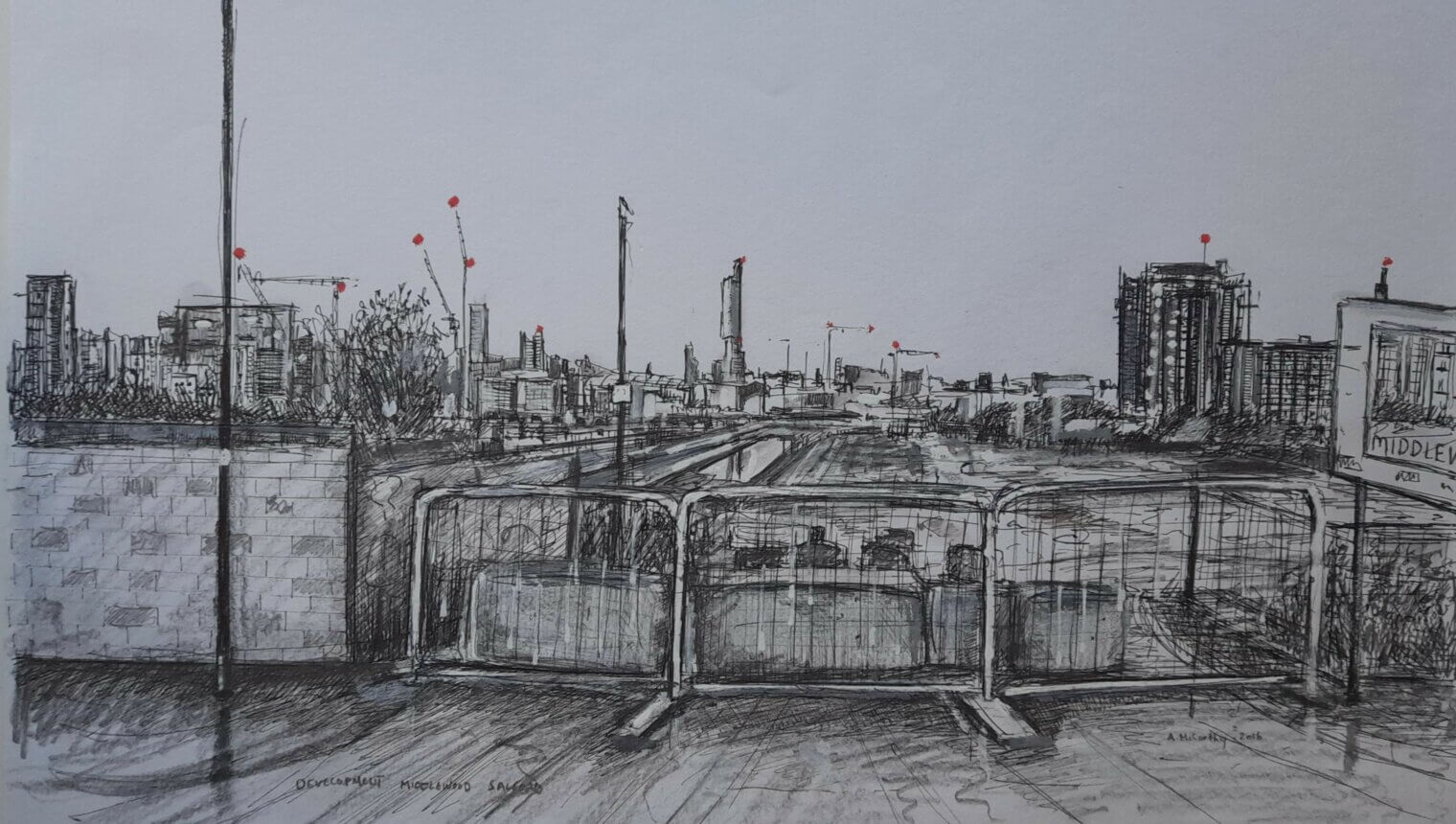 A drawing of an industrial cityscape. The wall in the foreground is broken and parts have been temporarily replaced with metal barriers.
