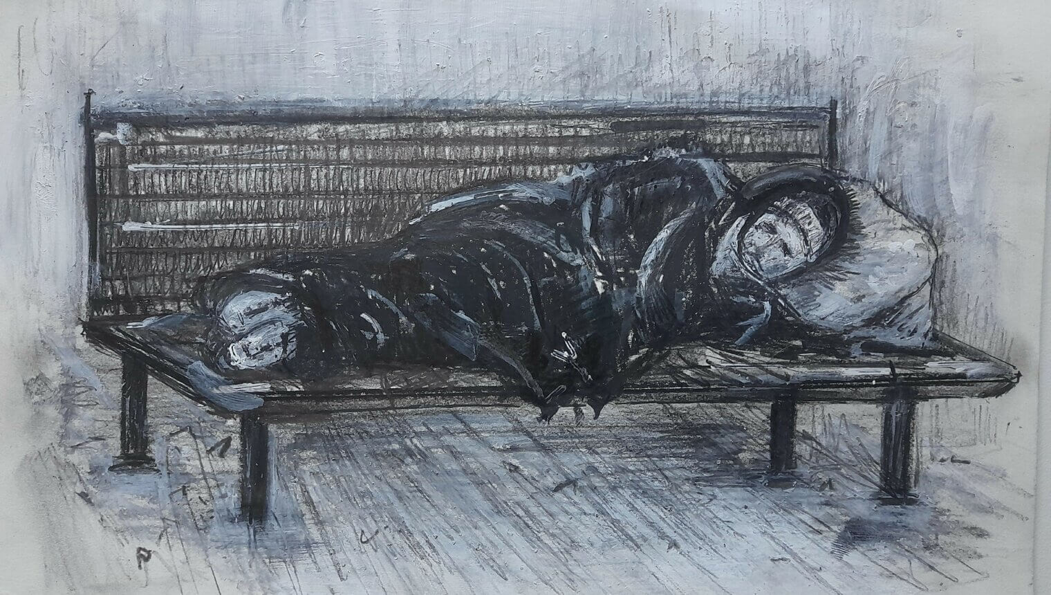 A drawing of a man sleeping on a wooden bench. He is wrapped in a blanket and has a pillow.