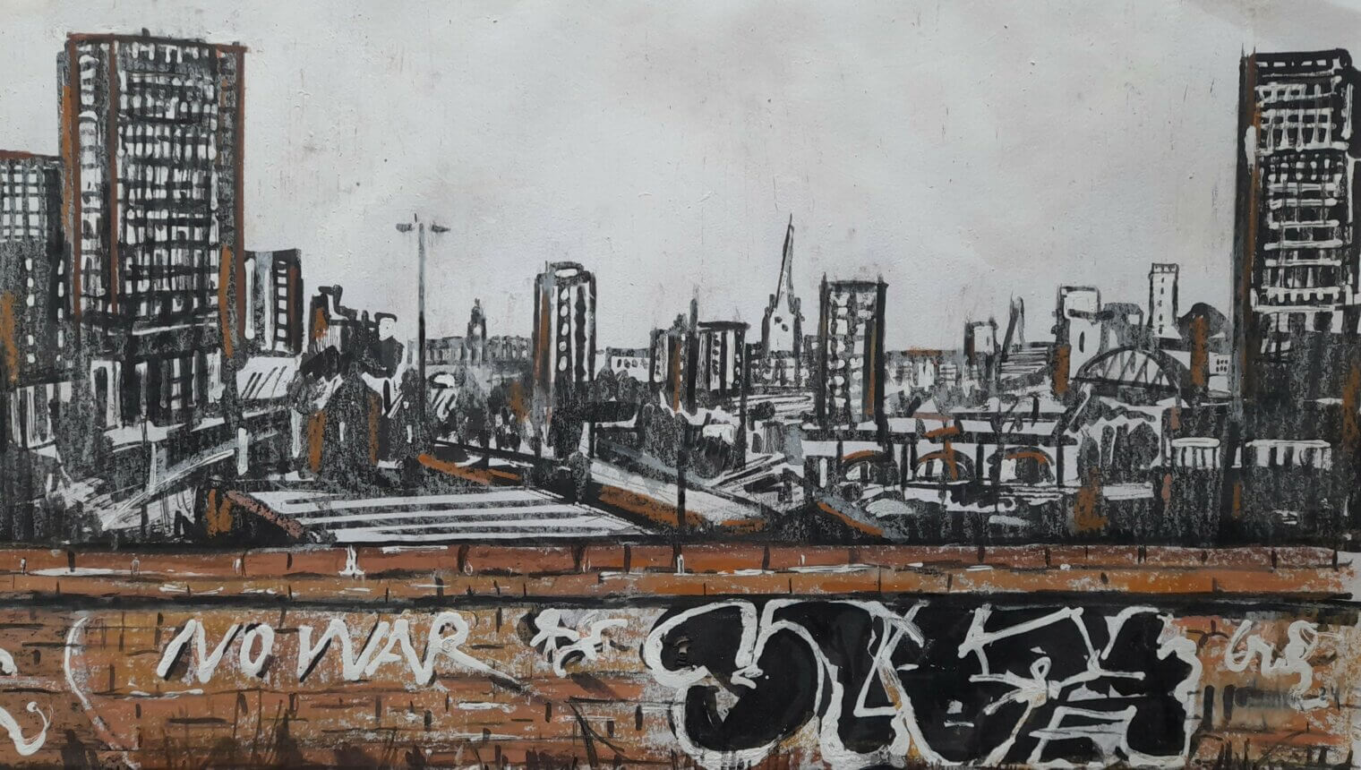 Painting of a cityscape. There is a brick wall in the foreground with graffiti that says 'NO WAR'.