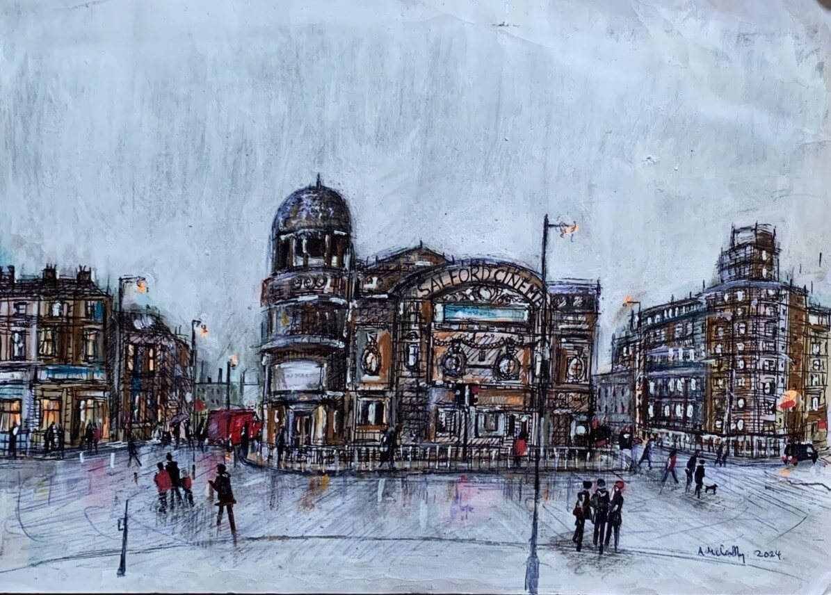 A painting of an ornate building in the middle of a cityscape. People are walking along the street.