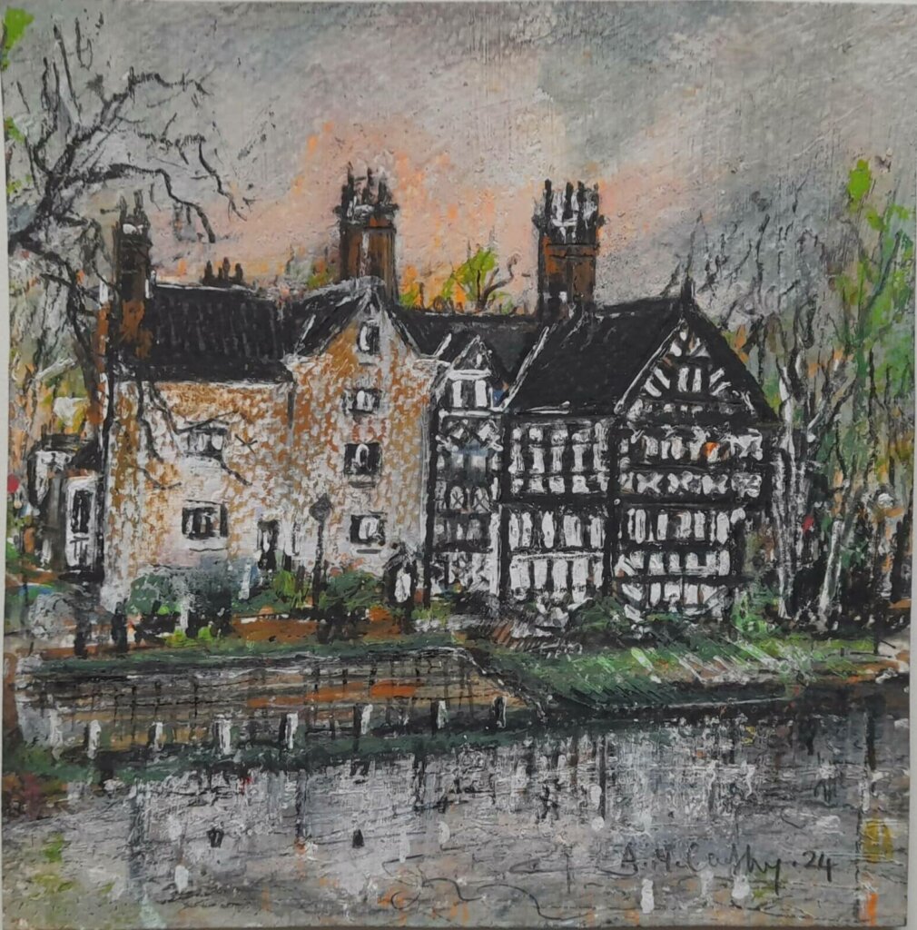 A drawing of a Tudor house beside a river.