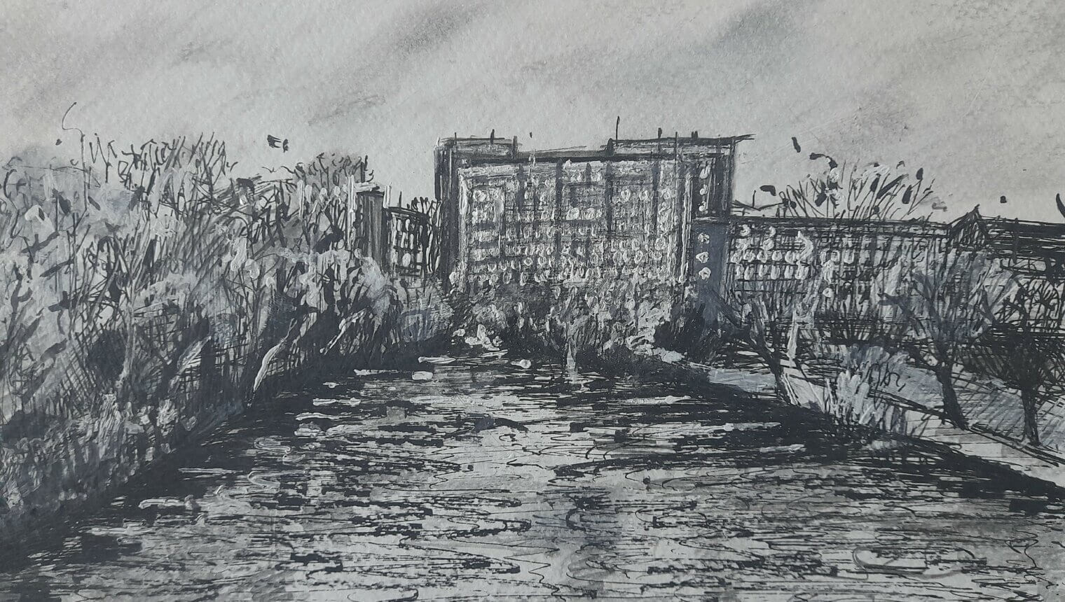 A painting of a river lined with trees. In the background there is a large building.