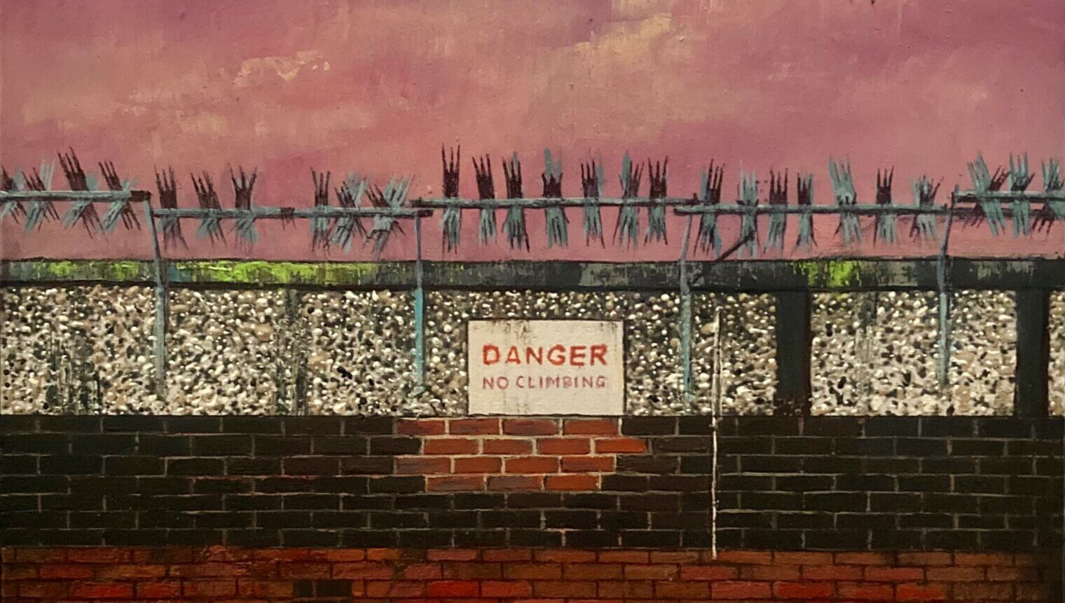 A painting of a brick wall with barbed wire on the top. There is a sign on the wall that says: Danger no climbing.