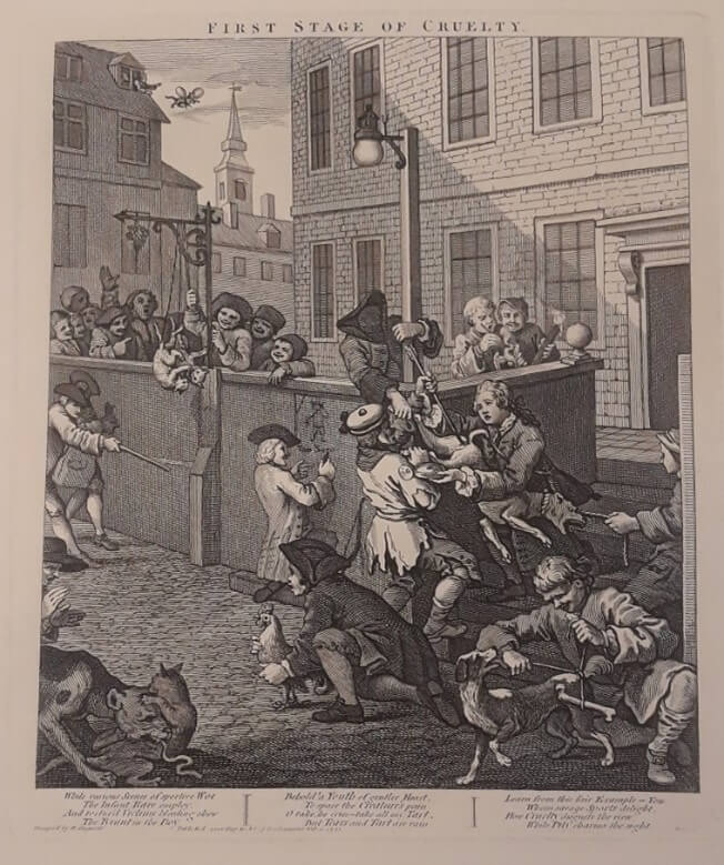 A print boys torturing and teasing cats and dogs, hurting them while others laugh.