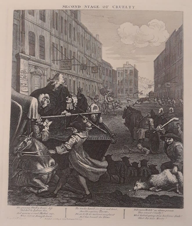 A print showing a man beating a horse that has collapsed from exhaustion. A crowd taunts a bull in the background.