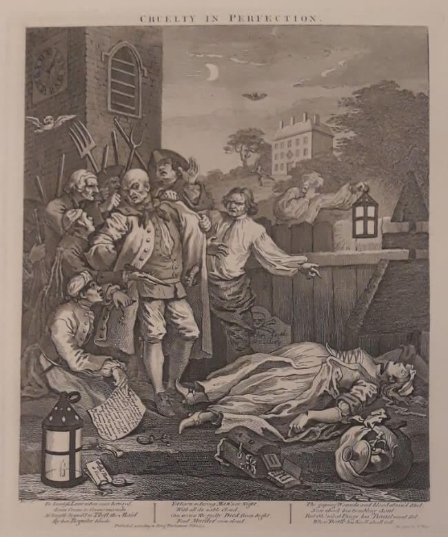 A print showing an angry mob wielding pitchforks pointing at the murdered corpse of a woman.