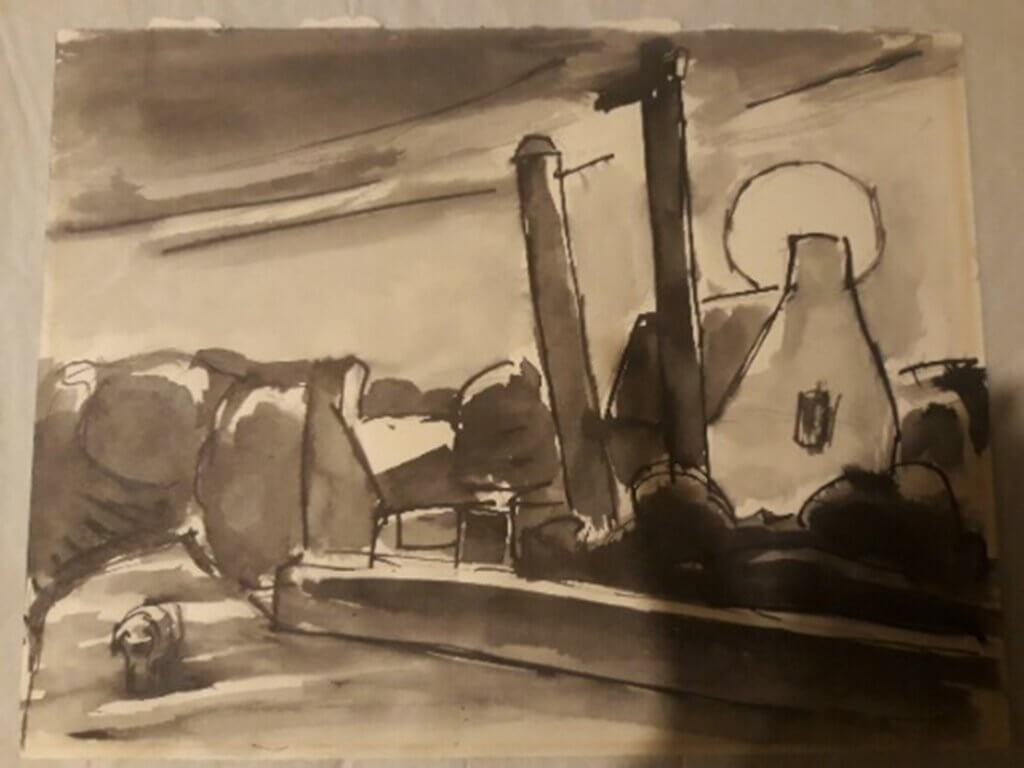 A sketch of a landscape. There is a house and the outline of trees.