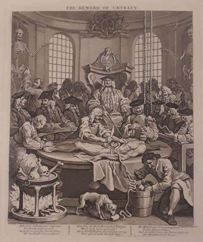 A print showing a man being dissected, his intestines being pulled out as a crowd watches.