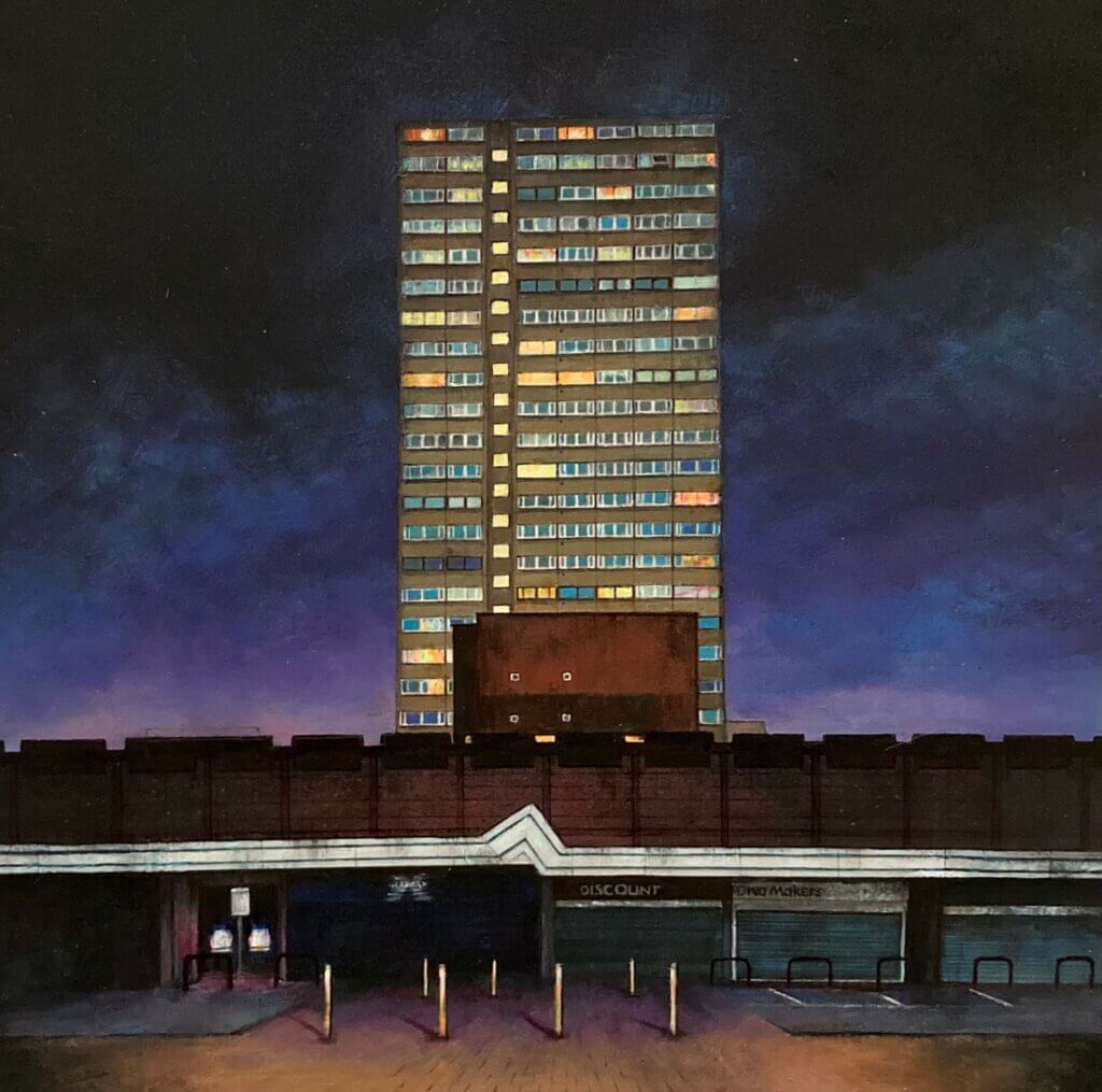 A painting of a skyscraper at dusk. In the foreground there are some shopfronts with their metal security doors down.