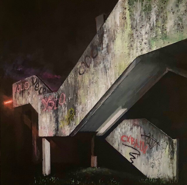 A painting of a concrete stairwell. The white sides are dirty and covered in graffiti.