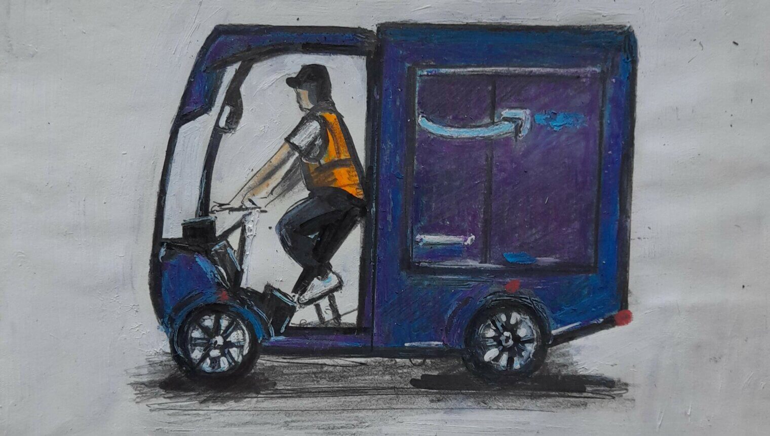 A drawing of a blue amazon van with a delivery driver in a high-vis jacket siting inside.