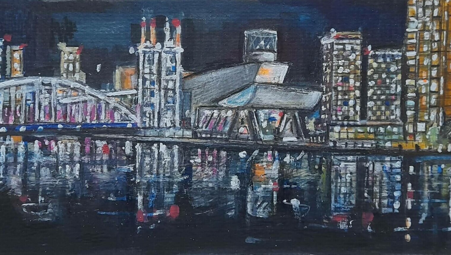 A painting of a cityscape next to a river. The lights and buildings are reflected on the water's surface.